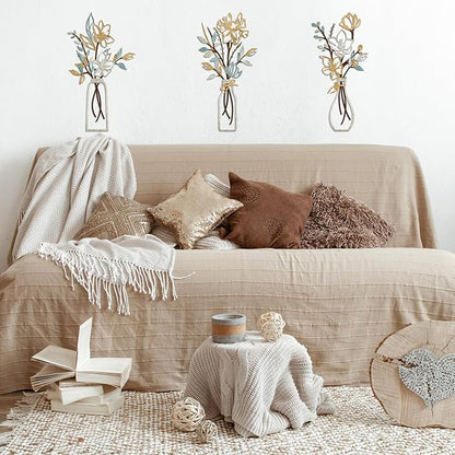 ARTINME 3 Pieces Metal Flowers Wall Arts - Rustic Farmhouse Decor Minimalist Flower Wall Decors for Living room Bathroom Kitchen Bedroom Dining Room - Housewarming Gifts (Beige)
