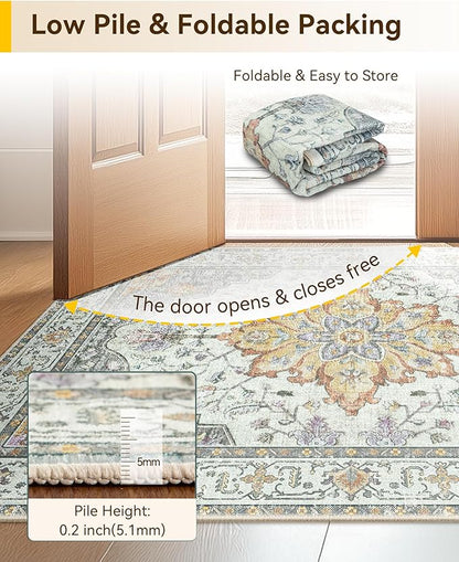 RELEANY Area Rugs 3'x10' Runner Rug Non Slip Washable for Kitchen Hallway Bedroom Beside Laundry Room Bathroom Rug, Floor Carpet, Light Yellow Carbon Grey Orange