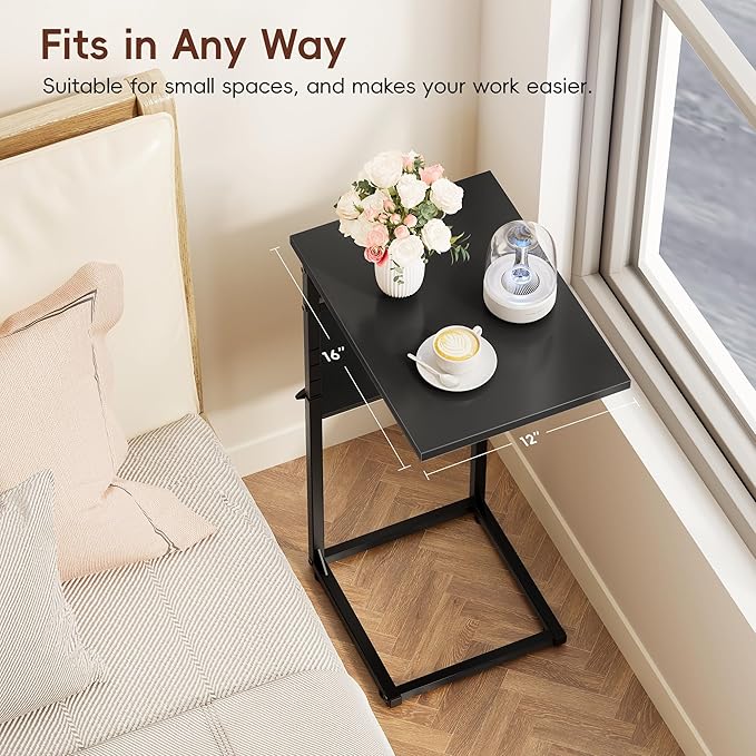 Vagusicc C-Shaped End Table, Small Side Table for Couch, Sofa Table Adjustable Height End Tables Living Room, Bedside Slide Under Couch Table for Sofa, TV Tray Table with Metal Frame for Bedroom,Black