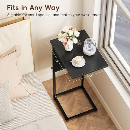 Vagusicc C-Shaped End Table, Small Side Table for Couch, Sofa Table Adjustable Height End Tables Living Room, Bedside Slide Under Couch Table for Sofa, TV Tray Table with Metal Frame for Bedroom,Black