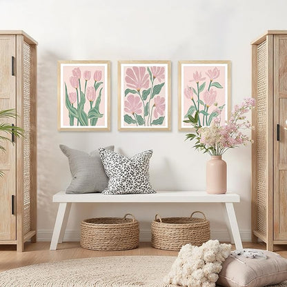 JLTULT 3 Pieces Pink Tulips Floral Wall Art, Boho Pink Green Botanical Wall Decor, Modern Abstract Flowers Paintings Art Prints for Living Room Bedroom Home Office12x16 inch Wood Framed Ready to Hang