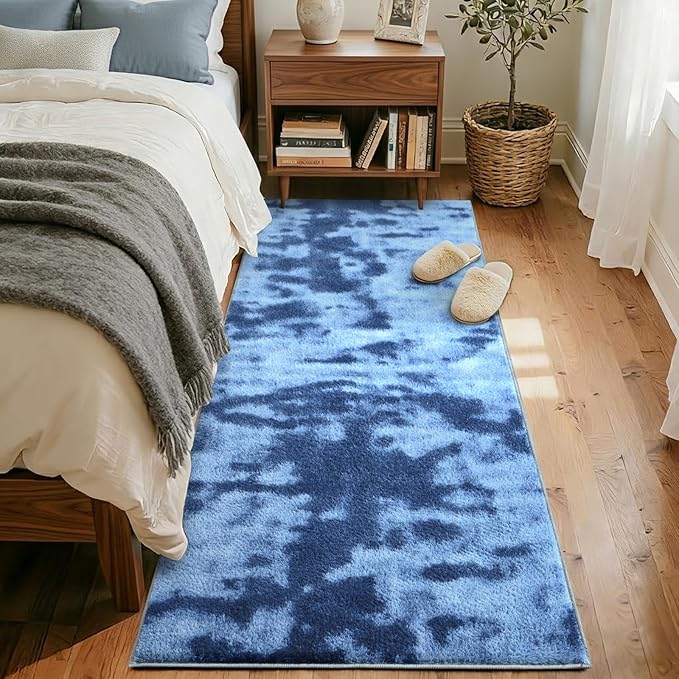 FinRèc 2x8 Washable Runner Rugs for Kitchen Hallway Bedroom, Low Pile Thin Ultra Soft Shag Rug, Non-Slip Carpet Indoor for Home Decor (Tie-dye Teal)