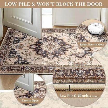 CAPALOCA Machine Washable Rugs Nursery Rug 5x7 Cute Girl Non Slip Low Pile Water Repellent Soft Print Pattern for Bedroom Indoor Decor Kids Playroom Coffeebeige