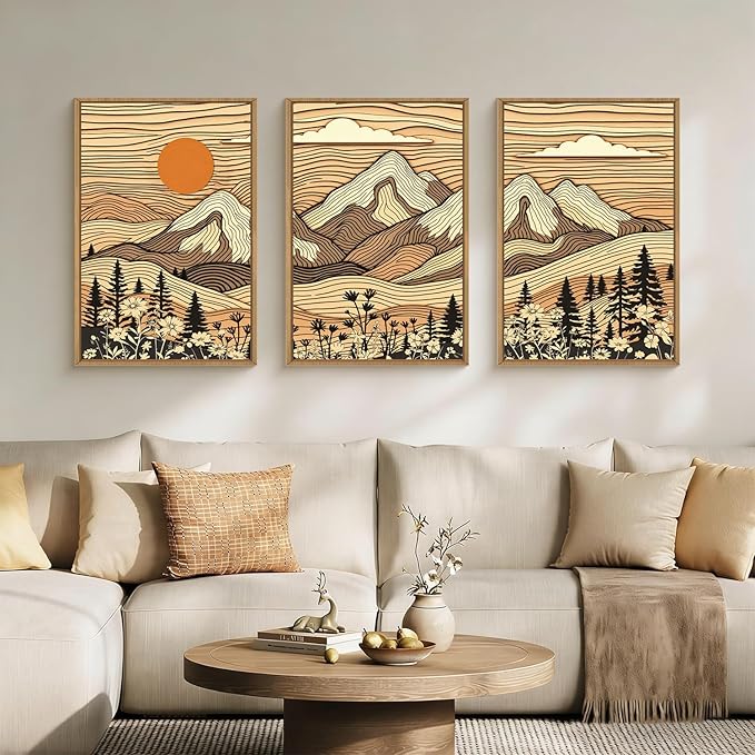 HPNIUB Woodcut Style Mountain Framed Wall Art Set,Abstract Wilderness Forest Wall Decor,Vintage Boho Sunset Art Print,Brown Line Nature Forest Scenery Artwork for Living Room,Bedroom,Office-24 x36 x3