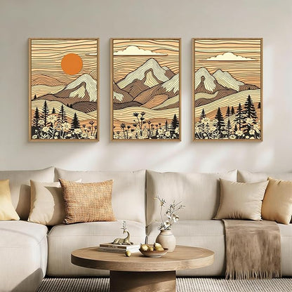 HPNIUB Woodcut Style Mountain Framed Wall Art Set,Abstract Wilderness Forest Wall Decor,Vintage Boho Sunset Art Print,Brown Line Nature Forest Scenery Artwork for Living Room, Bedroom,Office-16"x24"x3