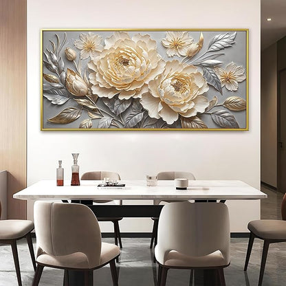 Large Canvas Art Wall Decor Print Silver White Flowers Wall Art Picture Modern Landscape Artwork Painting Gold Framed Wall Art For Living Room Bedroom Home Office Prints Artwork 29" X 58"