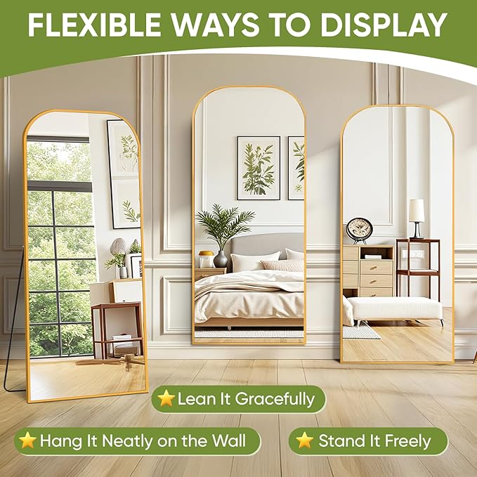 Full Length Mirror with Stand 76"x34" Floor Mirror Freestanding, Arched Floor Standing Large Mirrors Full Body Wall Hanging Leaning Home Decor for Bedroom & Living Room, Gold