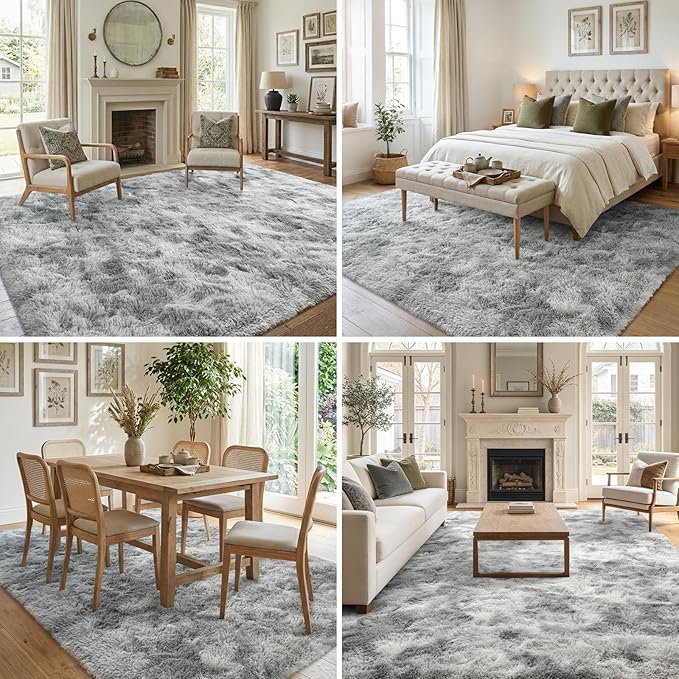 7x10 Ft Extra Large Shag Rugs for Living Room, Tie Dyed Ultra Soft Fluffy Furry Area Rugs for Bedroom Indoor Floor, Aesthetic Carpet for Kids Home Decor (Light Grey)