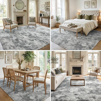 7x10 Ft Extra Large Shag Rugs for Living Room, Tie Dyed Ultra Soft Fluffy Furry Area Rugs for Bedroom Indoor Floor, Aesthetic Carpet for Kids Home Decor (Light Grey)