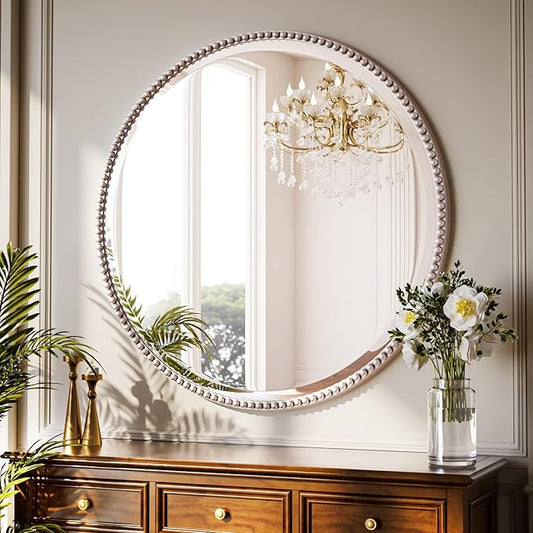 28 Inch Round Bathroom Mirror - Luxurious Retro Beaded Circle Decorative Wall Mirror with PU Frame Hanging Leaning as Art Decor for Entryway, Bedroom, Living Room, Hallway, Silver