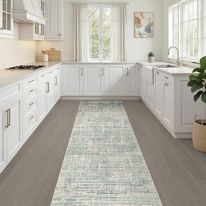 Runner Rug Non-Slip Kitchen Rug: 3x8 Washable Abstract Modern Soft Stain Resistant Indoor Floor Neutral Accent Throw Carpet for Hallway Bathroom Laundry Room Bedroom Entryway- Green