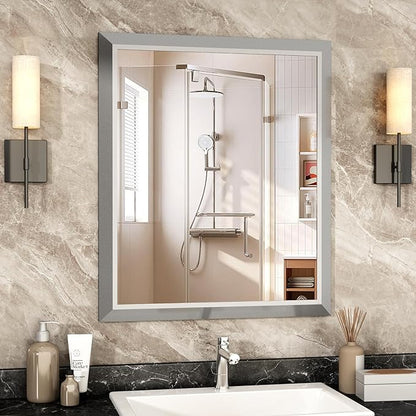 SMIROR Brushed Silver Bathroom Mirror for Over Sink, 36”x 30” Metal Thick Framed Rectangle Vanity Mirror for Wall, Right Angle Corner, Anti-Rust, Horizontally or Vertically Mounted