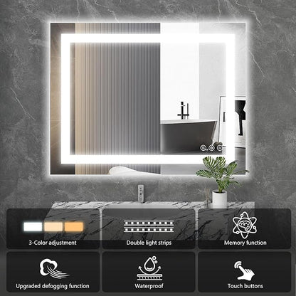 Sweetcrispy 24"x36" Smart Anti-Fog LED Bathroom Mirror with Lights and Front Light & Backlit, 3 Color Temperatures, Dimmable, Memory Function, Rectangle Modern Vanity Mirror