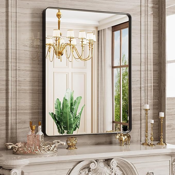 JISOSO Black Bathroom Mirror 28X36 Inch, Black Metal Framed Mirror for Wall, Rounded Rectangle Matte Bathroom Vanity Mirror with Tempered Glass, Anti-Rust, Horizontal/Vertical