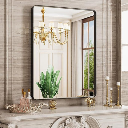 JISOSO Black Bathroom Mirror Wall Mounted Vanity Mirror with Rounded Corner Metal Framed, Tempered Glass, Anti-Rust(Horizontal/Vertical), 22 x 30 Inch
