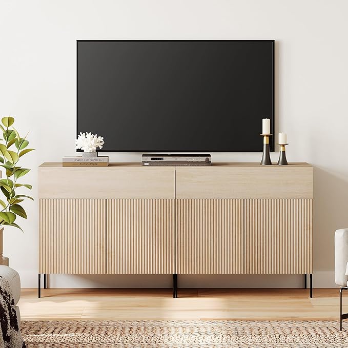 WAMPAT Fluted TV Stand TVs up to 70 inch, 63" W Modern TV Entertainment Center with Storage Cabinets and 2 Drawers & 4 Doors, Wood Media TV Console Table with Storage for Living Room, Beige
