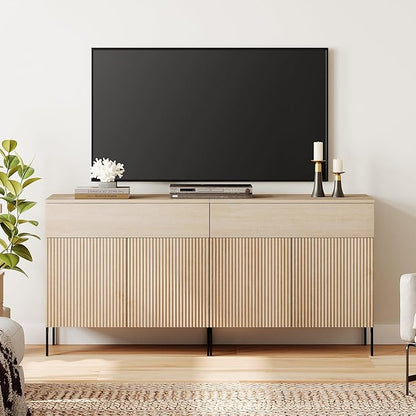 WAMPAT Fluted TV Stand TVs up to 70 inch, 63" W Modern TV Entertainment Center with Storage Cabinets and 2 Drawers & 4 Doors, Wood Media TV Console Table with Storage for Living Room, Beige
