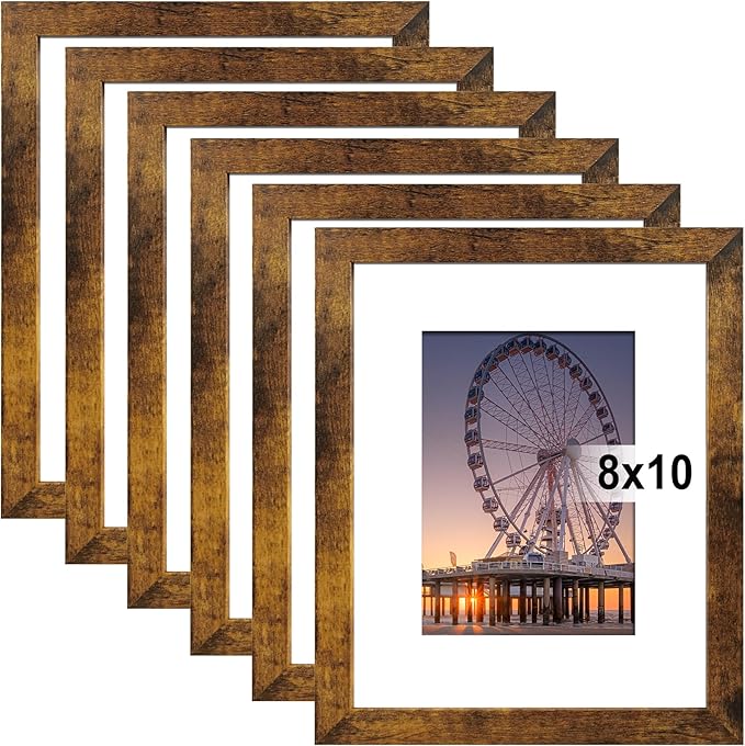 BESCRCL 8x10 Picture Frame Warm Brown Set of 6, Display Pictures 5x7 with Mat or 8x10 Without Mat for Wall Mounting or TableTop