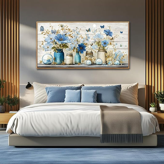 Wapluam Large Framed Wall Art,Floral Wall Art Bedroom,Blue Flowers Painting Prints,Retro Rustic Pictures Wall Decor,Farmhouse Canvas Artwork for Living Room Bathroom Kitchen Home Office Decoration