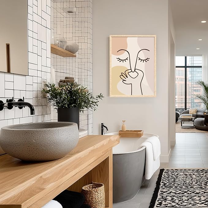 Cyebmo Boho Funny Bathroom Wall Art, Abstract Minimalist Face Line Art Wall Decor, Neutral Aesthetic Art Print, Modern Beige Poster Painting for Bedroom Living Room, Wood Framed 16x24 Inch