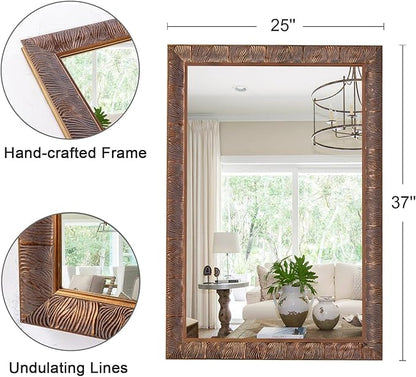 Chende Rectangle Bathroom Mirror for Vanity, 37'' x 25'' Vintage Mirror Wall Decorative, Bronze Solid Wood Frame with Handmade Feather Lines for Entryway, Dining Room, Living Room