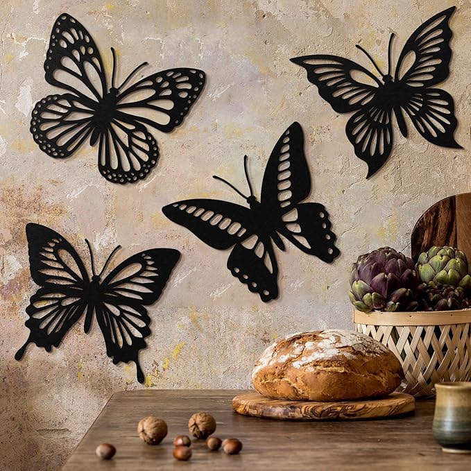 Qunclay 4 Pcs Wooden Butterfly Wall Decor Large Butterfly Wall Art Boho Home Hanging Modern Sculpture Decorations Modernist Signs for Living Room Bathroom Yard Gallery Indoor Outdoor(Black)