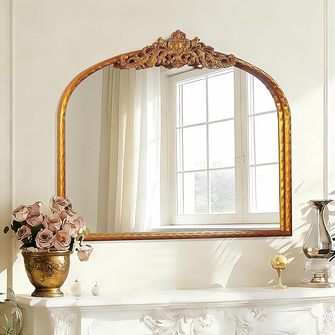 Antique Arched Gold Mirror 32"x24" - Vintage Baroque Wall Mirrors for Bathroom, Living Room, Entryway - Large Gleaming Gold Frame, French Ornate Mirror for Bedroom, Fireplace, Hallway,Dresser