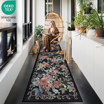 2x6 Machine Washable Runner Rug, Kitchen Hallway Area Rug Dark Blue Black Vintage Boho Floral Ultra Non-Slip Low Pile Soft Faux Wool Carpet Kids and Pets Friendly for Bedroom Entryway Nursery Home Rug