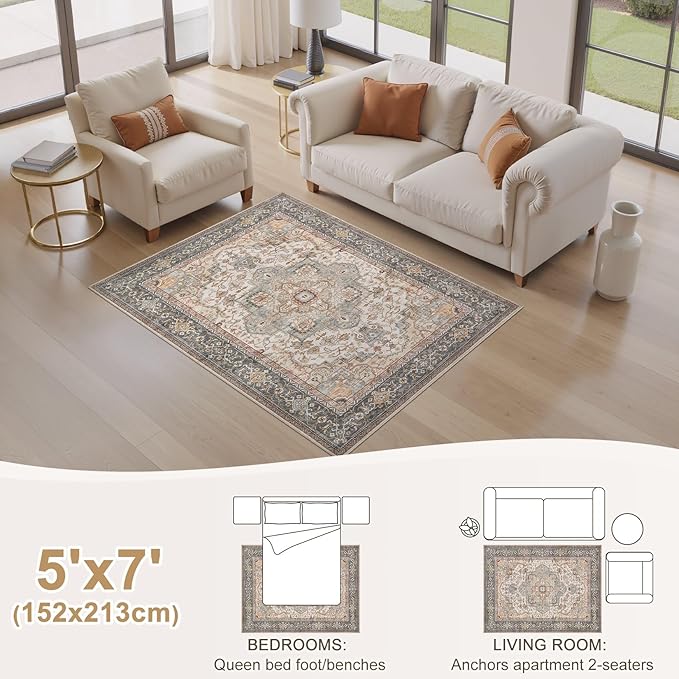 EIEIHOUSE Washable Area Rugs for Living Room - 5x7 Neutral Vintage Distressed Floral Farmhouse Boho Large Soft Floor Rug Indoor Non Slip Carpet for Bedroom Dining Room Office - Forest Green Orange