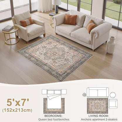 EIEIHOUSE Washable Area Rugs for Living Room - 5x7 Neutral Vintage Distressed Floral Farmhouse Boho Large Soft Floor Rug Indoor Non Slip Carpet for Bedroom Dining Room Office - Forest Green Orange