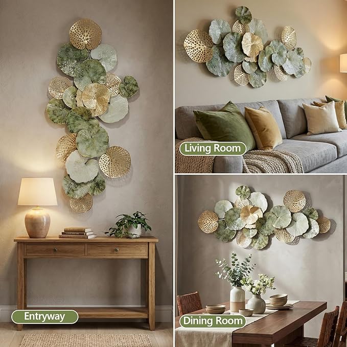 Lucky Monet Large Metal Wall Decor 3D Stacked Metal Wall Art Modern Lotus Leaf Wall Sculptures Hanging Decoration for Living Room Bedroom Entryway, 52.3" x 24.8"