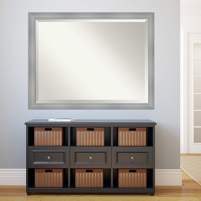 Amanti Art Silver Bathroom Mirror for Over Sink, 34x44 Flair Polished Nickel Rectangle Vanity Mirror, X-Large Casual Frame, Hangs Horizonally and Vertically, Bathroom Wall Decor, Beveled Edge