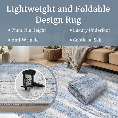5x7 Area Rug Living Room Rugs - Washable Rug Large Modern Abstract Soft Thin Carpets Indoor Floor No Slip Vintage Carpet for Bedroom Under Dining Table Nursery Home Office Decor Blue