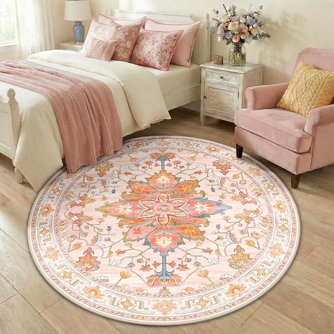 RELEANY Area Rugs Round 5ft Washable Non-Slip, Floral Vintage Distress Print Pattern Medallion Carpet for Living Room Bedroom Dining Room, Light Pink Colorful
