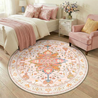 RELEANY Area Rugs Round 5ft Washable Non-Slip, Floral Vintage Distress Print Pattern Medallion Carpet for Living Room Bedroom Dining Room, Light Pink Colorful