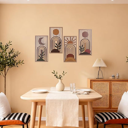 Boho Wall Art Set of 4, Terracotta Wall Decor & Burnt Orange Bedroom Decor, Orange Modern Wall Art with Arch/Botanical Design - Mid-Century 3D Wooden Abstract Geometric Artwork for Home Living Room Office(C)