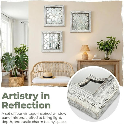 Set of 4 14 Inch Square Grey Window Pane Wall Mirrors, Shatterproof Rustic Farmhouse Boho Vintage Decorative Mirrors for Living Room Bedroom Bathroom Entryway