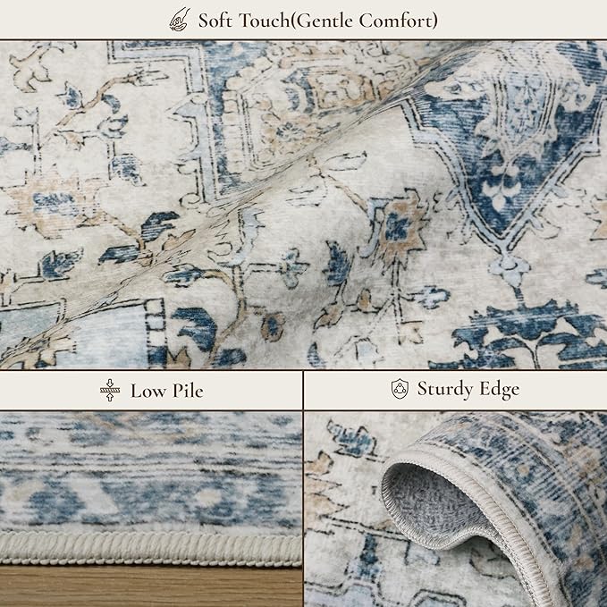 GENIMO 2x4 Runner Rugs for Hallway, Machine Washable Non Slip Vintage Rugs, Low Pile Lightweight Soft Print Rug for enrtyway, Corridor, Home, Office, Kitchen, Blue