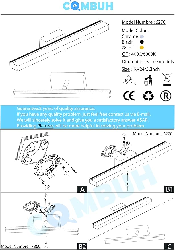 Combuh LED Bathroom Vanity Light Bar Dimmable IP44 Over Mirror Lighting Fixture 16Inch Wall Sconces Indoor 9W Modern Cool White 6000K Black