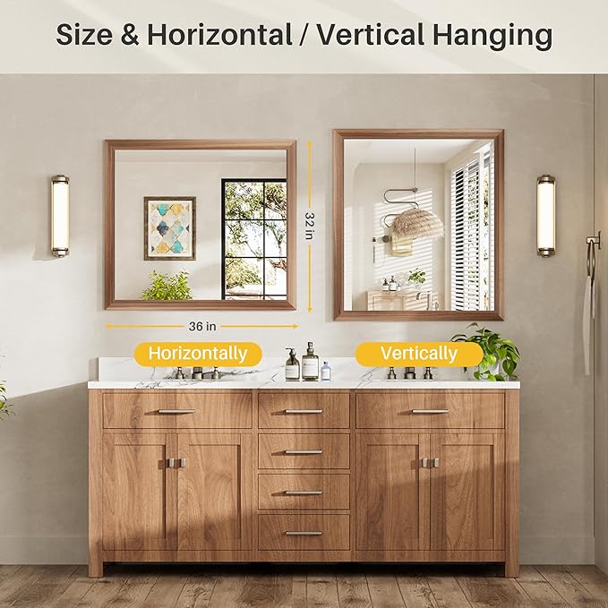 36x32 Inch Bathroom Mirror for Wall, Anti-Rust Walnut Wood Grain Metal Framed Bathroom Mirrors for Over Sink,Rectangler Mirrors for Bathroom Vanity, Farmhouse, Bedroom, Living Room, Entryway Decor