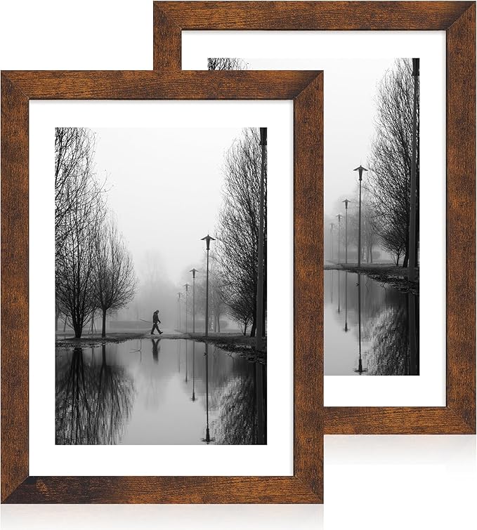 iRahmen 10x14 Picture Frame with Mat 8x12 - High Definition Tempered Glass Wooden Photo Frames for Wall Mounting (Dark Brown, Set of 2)