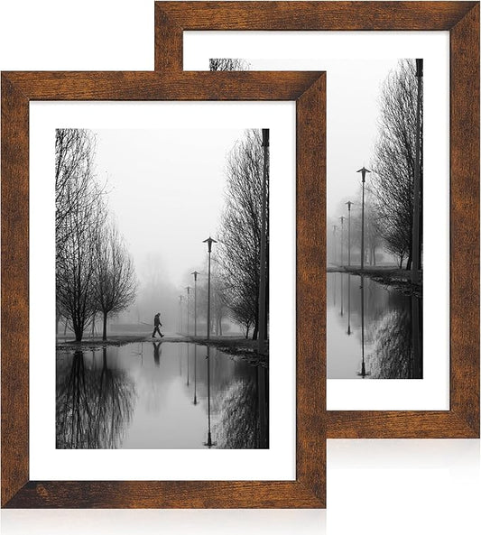 iRahmen 10x14 Picture Frame with Mat 8x12 - High Definition Tempered Glass Wooden Photo Frames for Wall Mounting (Dark Brown, Set of 2)