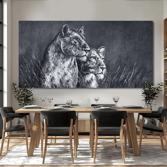 ZENPEE 29"x58" Lion Wall Art - Black & White Spray Print Canvas, Oversized Animal Decor for Bedroom, Living Room, Office - Ready to Hang
