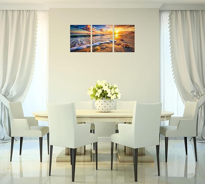TutuBeer 3 Panels Beach Picture Beach Wall Art Blue Sea Sunset with Starfish Ocean Canvas Painting Sea Artwork for Walls Seascape the Pictures for Home Decor Wall Decor Ready to Hang 16x32inchx3