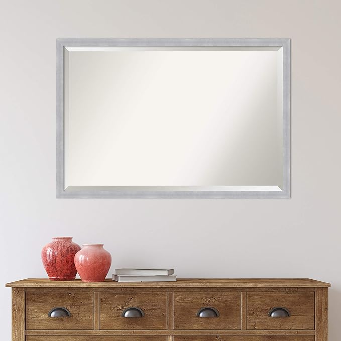 Amanti Art Silver Bathroom Mirror for Over Sink, 26x38 Grace Brushed Nickel Narrow Rectangle Vanity Mirror, Large Modern Frame, Hangs Horizonally and Vertically, Bathroom Wall Decor, Beveled Edge