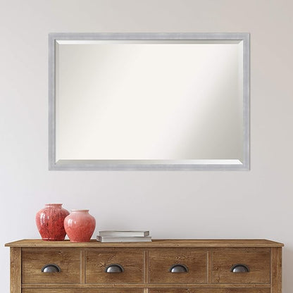 Amanti Art Silver Bathroom Mirror for Over Sink, 26x38 Grace Brushed Nickel Narrow Rectangle Vanity Mirror, Large Modern Frame, Hangs Horizonally and Vertically, Bathroom Wall Decor, Beveled Edge
