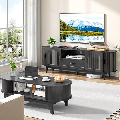 70" Fluted TV Stand for Tvs up to 80", Mid-Century Modern Entertainment Center with Drawers and Fluted Doors, Curved TV Media Console Table with Sliding Doors for Living Room, Bedroom (70" Black)