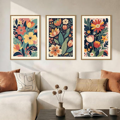 KAIRNE Vintage Colorful Floral Framed Canvas Wall Art Set,Mid Century Modern Flower Wall Decor,Retro Wildflower Art Prints,Boho Botanical Artwork for Living Room,Bedroom,Farmhouse,Office-24 x36 x3