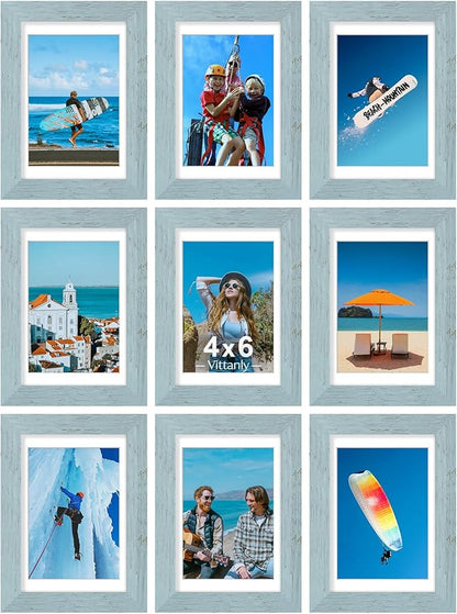 Vittanly 4x6 Picture Frames Set of 9, Display 3.5x5 Pictures with Mat or 4x6 without Mat, Photo Frames for Wall or Tabletop with Plexiglass, Engineered Wood, Rustic Blue