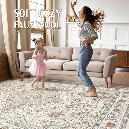 7x9 Area Rug Living Room: Washable Boho Large Neutral Vintage Soft Rugs Stain Resistant Farmhouse Non Slip Indoor Floor Carpet for Bedroom Nursery Kids Playroom Office Dining Room- Cream Blue